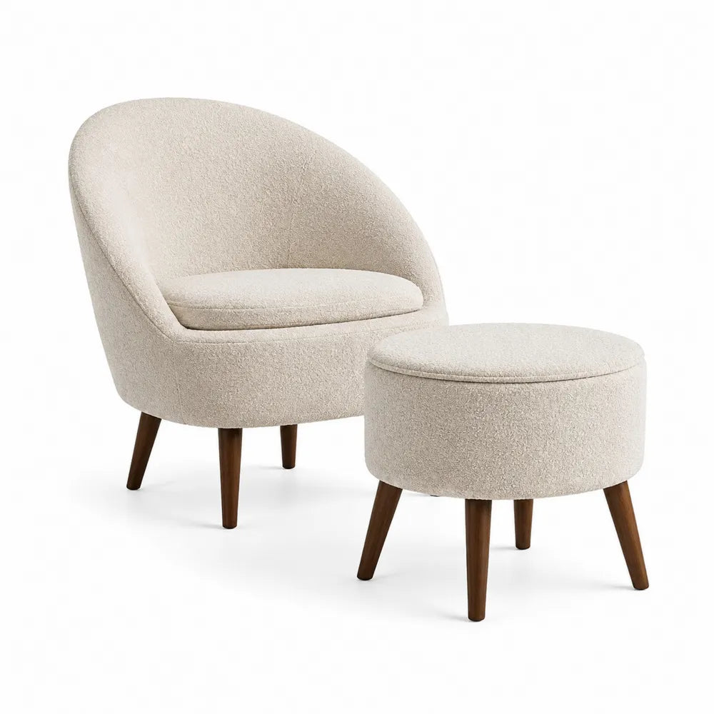 Set poltrona con pouf in tessuto bouclé beige e struttura in legno con gambe in legno massello