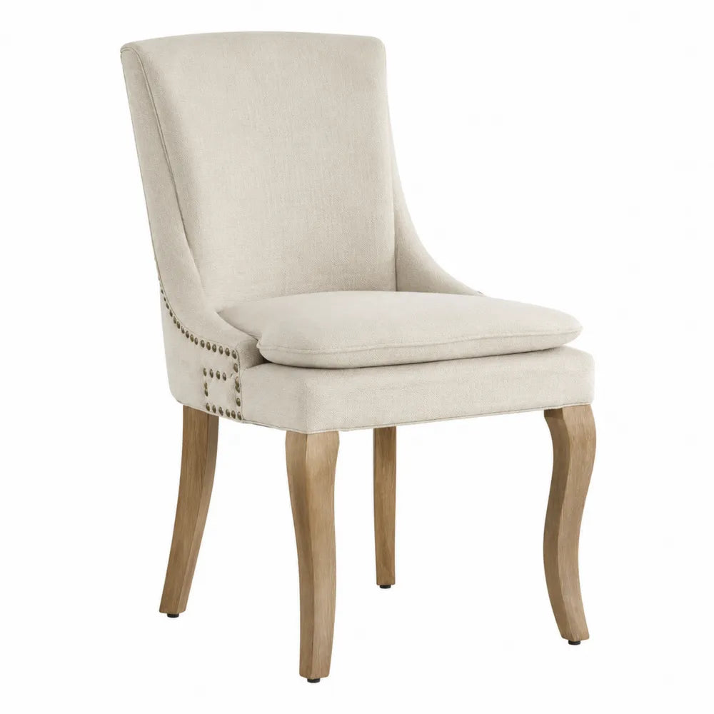 Sedia da pranzo imbottita 52 x 60 x 88 cm in tessuto poliestere beige con gambe in legno naturale e borchie oro