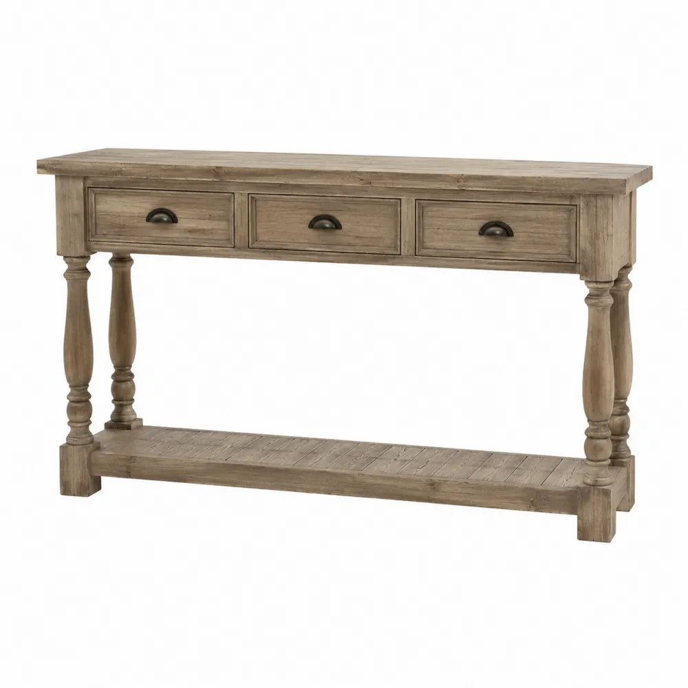 Tavolo consolle rettangolare 120 cm x 35 cm x 80 cm in legno di paulownia e MDF effetto rovere invecchiato con 3 cassetti e ripiano inferiore