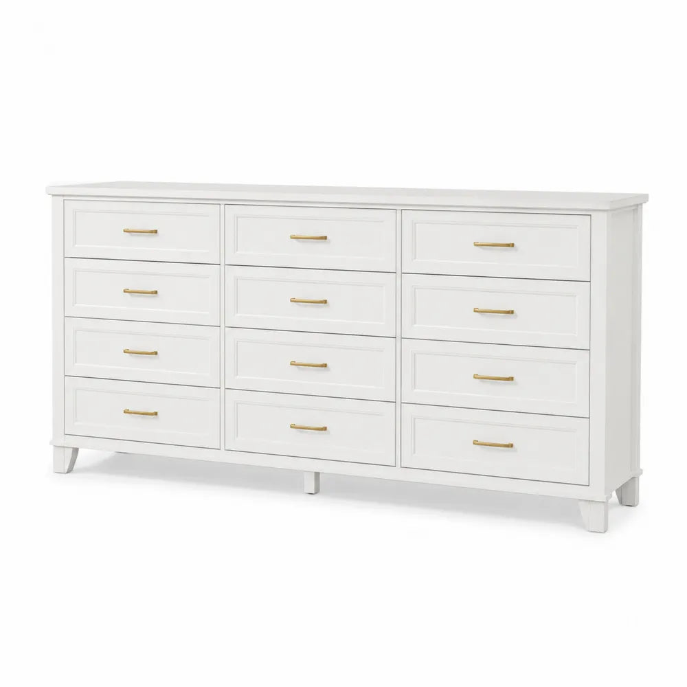 Cassettiera 12 cassetti in MDF finitura bianco con maniglie in metallo dorato e gambe in legno stile moderno 140 x 40 x 80 cm
