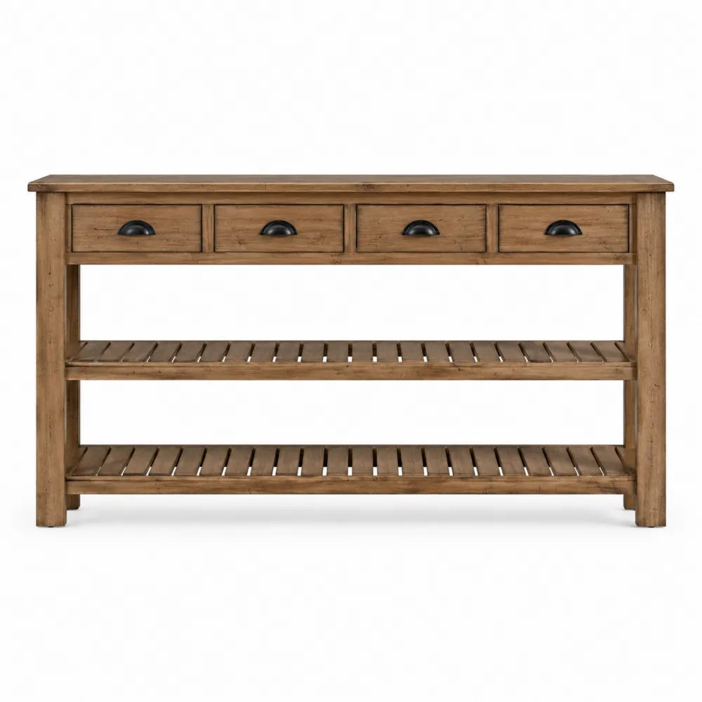 Consolle tavolo 140 cm x 35 cm x 80 cm in legno massello colore naturale con 4 cassetti e 2 ripiani a doghe con maniglie nere