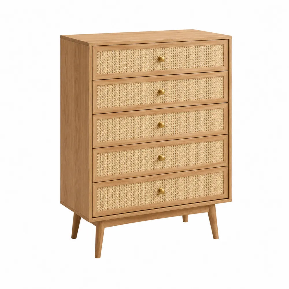 Cassettiera rettangolare 80 x 40 x 110 cm in MDF e truciolare rovere chiaro con 5 cassetti in rattan e maniglie dorate