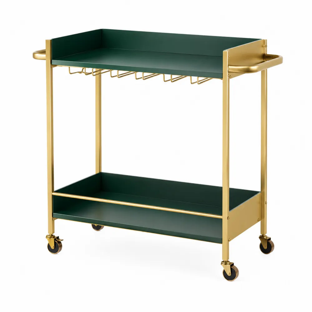 Carrello bar rettangolare 70 x 40 x 80 cm in acciaio verniciato verde scuro e dorato con 2 ripiani ruote e portabicchieri