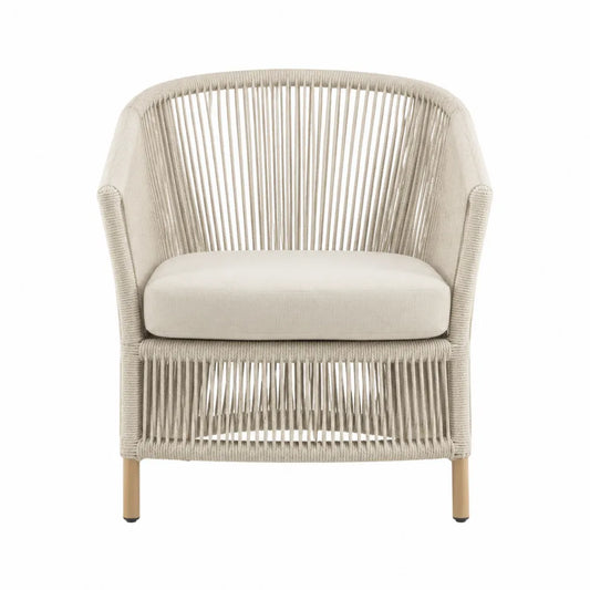 Poltrona con struttura in corda intrecciata e seduta imbottita in tessuto beige con gambe in legno naturale