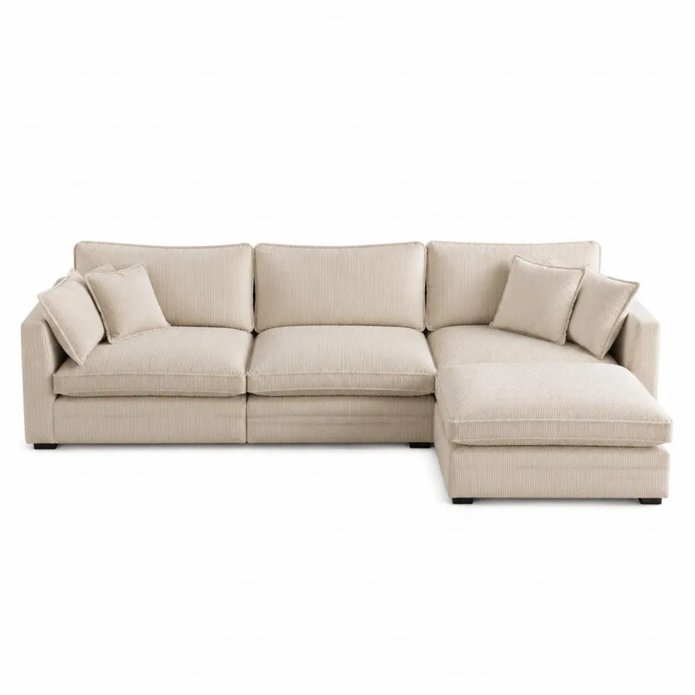 Divano angolare a L con chaise longue rivestimento in tessuto a coste struttura in legno e imbottitura in schiuma colore beige dimensioni 280x160x85 cm