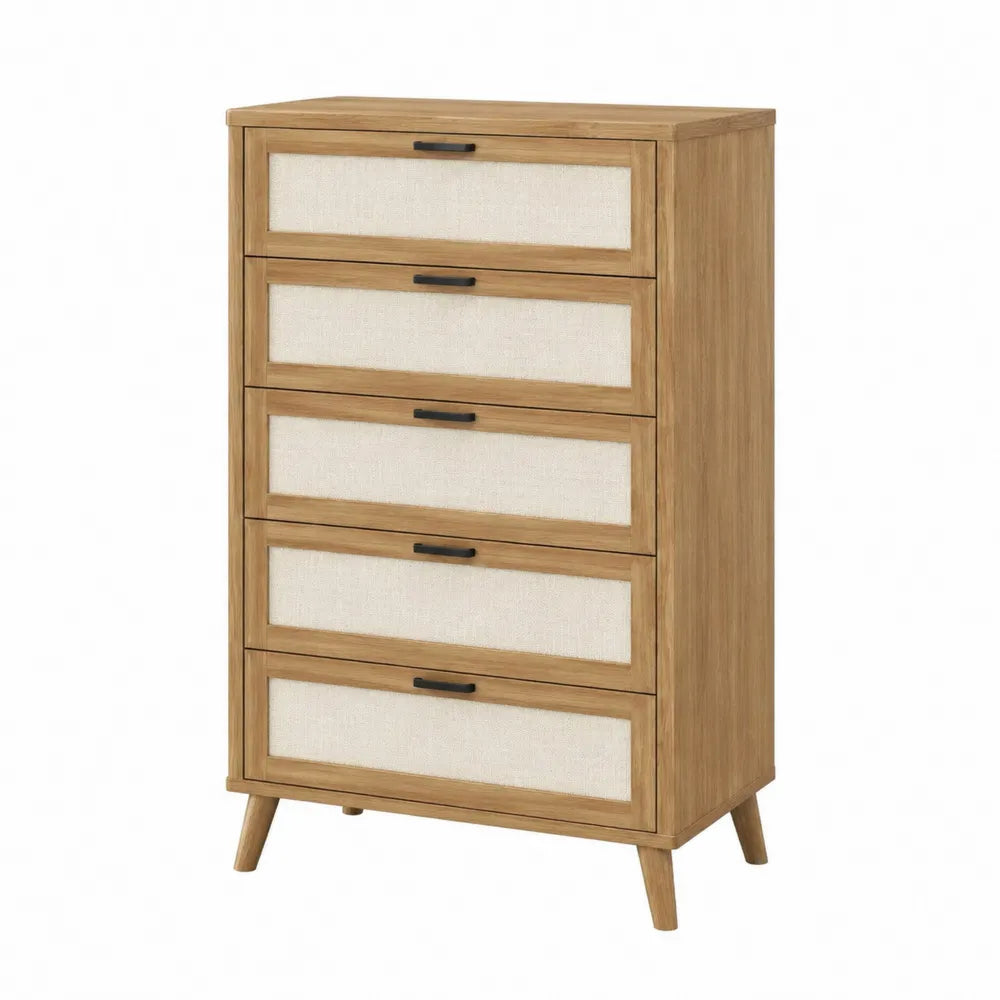 Cassettiera rettangolare 70 x 40 x 110 cm in MDF e truciolare rovere naturale con 5 cassetti beige e maniglie nere