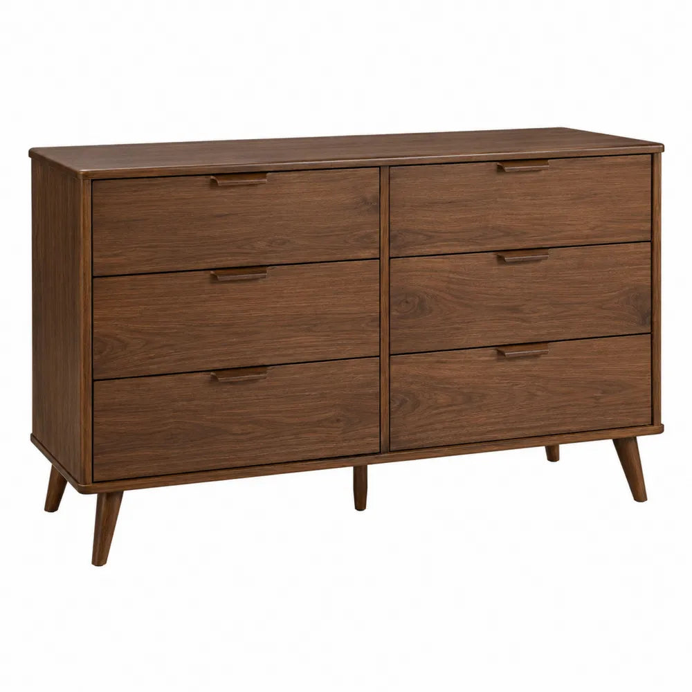 Cassettiera 6 cassetti in MDF e truciolare finitura effetto noce scuro 130 x 40 x 75 cm gambe in legno stile moderno