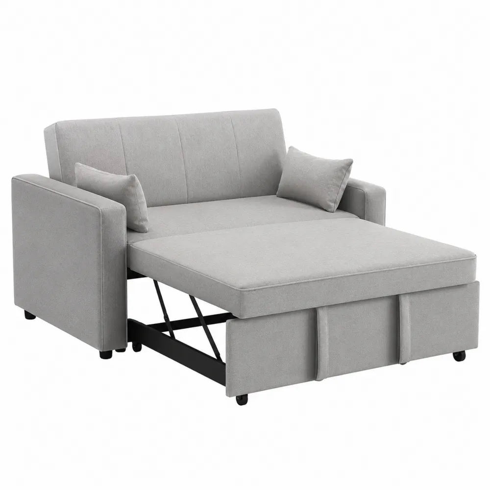 Divano letto estraibile a 2 posti in tessuto poliestere grigio con braccioli cuscini e struttura in acciaio 200 x 90 x 85 cm