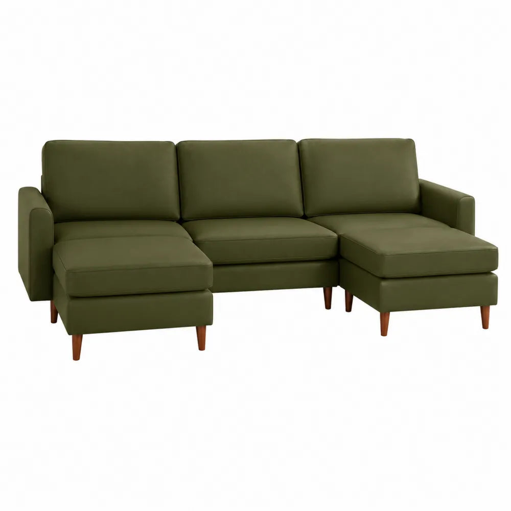 Divano a 3 posti con doppia chaise longue in tessuto poliestere verde oliva con gambe in legno 220 x 150 x 85 cm