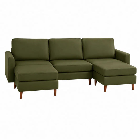 Divano a 3 posti con doppia chaise longue in tessuto poliestere verde oliva con gambe in legno 220 x 150 x 85 cm