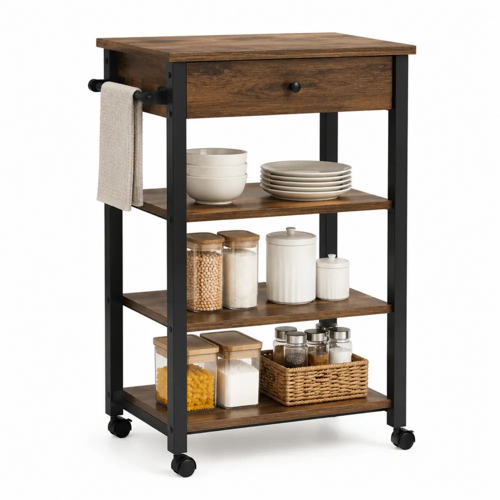 Carrello da cucina rettangolare 60 x 40 x 85 cm in acciaio nero e pannelli effetto legno marrone con cassetto ripiani ruote e portasciugamani