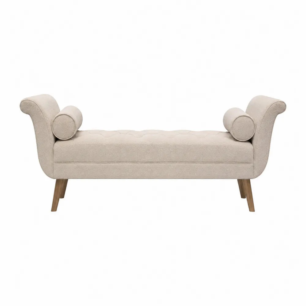 Panca imbottita rettangolare in tessuto bouclé poliestere beige con braccioli curvi e gambe in legno naturale 160 x 70 x 78 cm