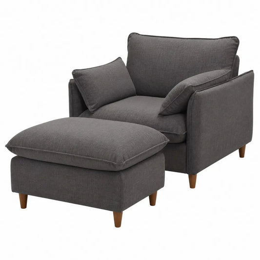 Poltrona con pouf poggiapiedi e cuscini in tessuto poliestere grigio scuro con gambe in legno marrone 75 x 80 x 90 cm