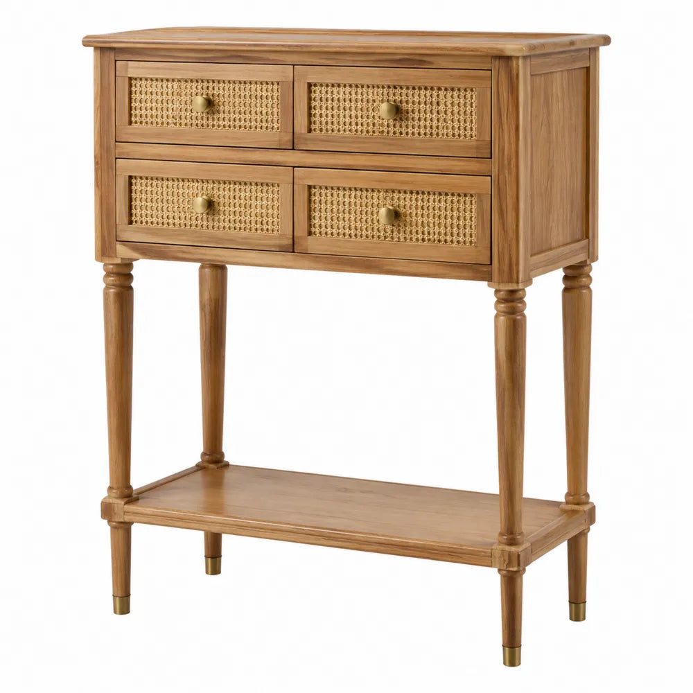 Consolle contenitore 90 cm x 35 cm x 90 cm in legno massello di acacia con 4 cassetti effetto rattan e ripiano inferiore
