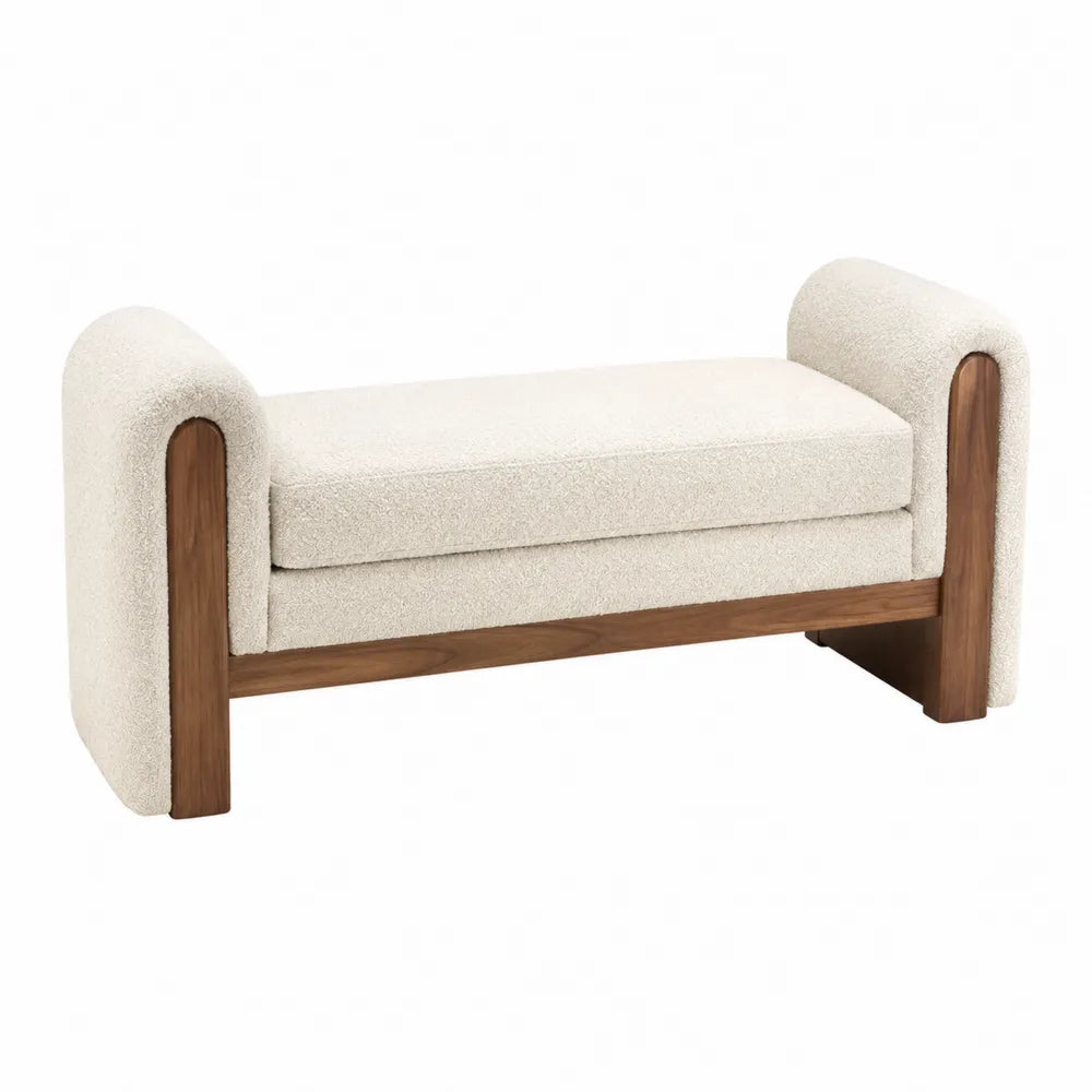 Panca imbottita rettangolare in tessuto bouclé poliestere beige con struttura in legno naturale 120 x 45 x 50 cm