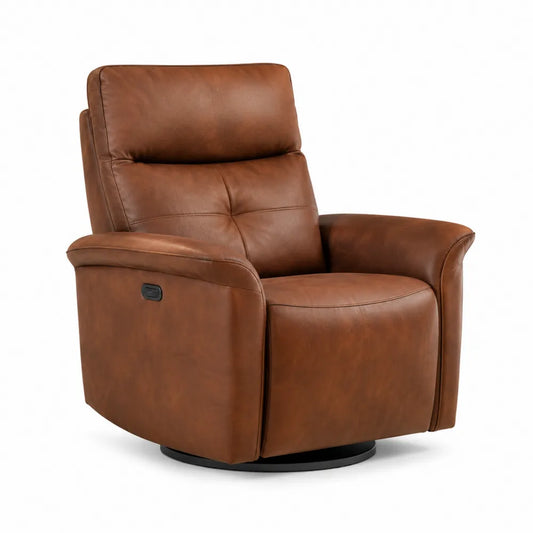 Poltrona reclinabile girevole in similpelle PU marrone cognac con base rotonda in metallo nero 80 x 85 x 100 cm