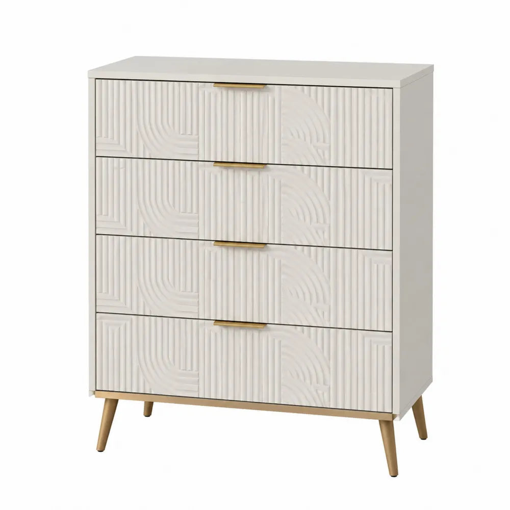 Cassettiera 4 cassetti in MDF finitura bianco avorio con gambe in legno naturale e maniglie dorate 80 x 40 x 90 cm stile moderno