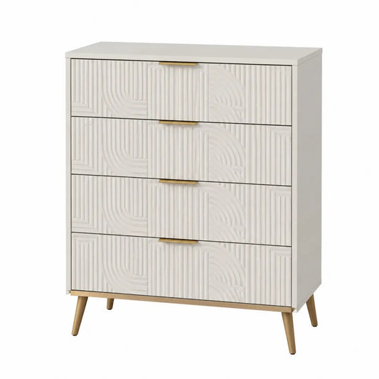 Cassettiera 4 cassetti in MDF finitura bianco avorio con gambe in legno naturale e maniglie dorate 80 x 40 x 90 cm stile moderno