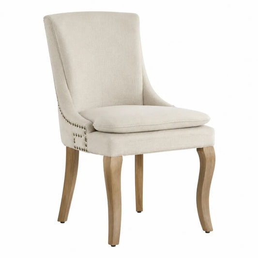 Sedia da pranzo imbottita 52 x 60 x 88 cm in tessuto poliestere beige con gambe in legno naturale e borchie oro