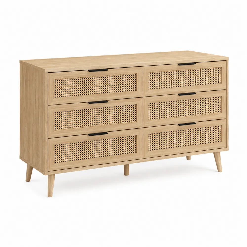 Cassettiera rettangolare 120 x 40 x 80 cm in MDF e truciolare rovere naturale con 6 cassetti in rattan e maniglie nere