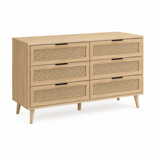 Cassettiera rettangolare 120 x 40 x 80 cm in MDF e truciolare rovere naturale con 6 cassetti in rattan e maniglie nere