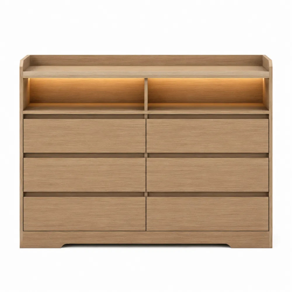 Cassettiera 6 cassetti in MDF finitura rovere chiaro con vano aperto e illuminazione LED 120 x 40 x 80 cm struttura moderna