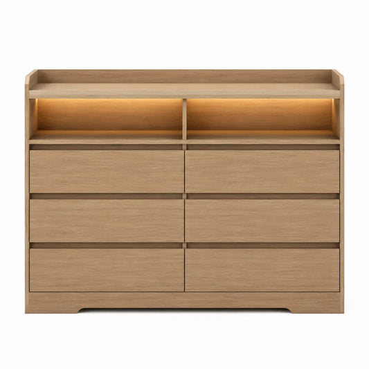 Cassettiera 6 cassetti in MDF finitura rovere chiaro con vano aperto e illuminazione LED 120 x 40 x 80 cm struttura moderna