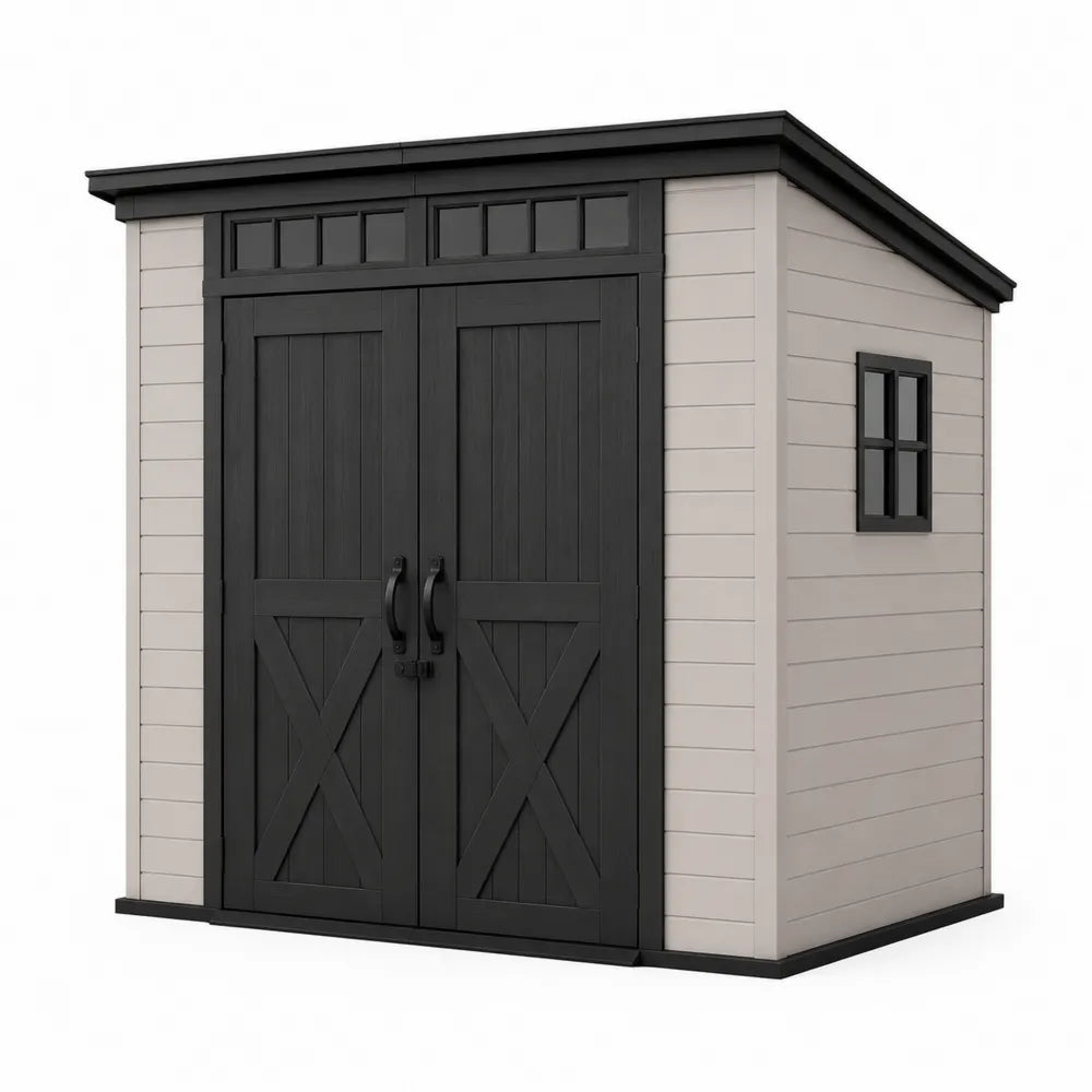 Casetta da giardino in resina PVC effetto legno con struttura in acciaio zincato doppia porta e finestra laterale 200 cm x 150 cm x 210 cm