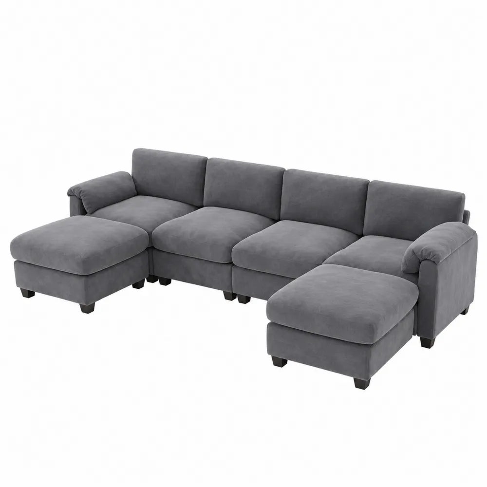 Divano modulare a 4 posti con doppia chaise longue in tessuto poliestere grigio scuro con piedini neri 260 x 160 x 85 cm