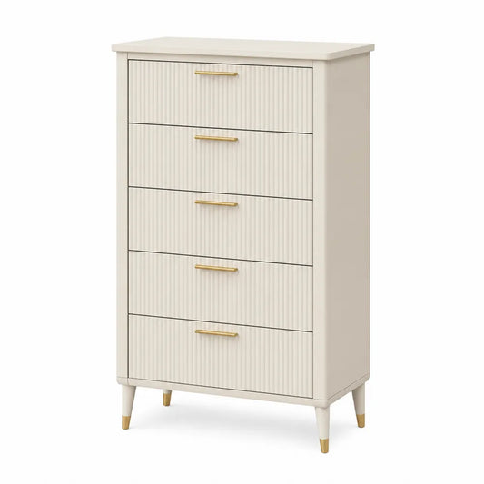 Cassettiera rettangolare 80 x 40 x 110 cm in MDF avorio con 5 cassetti scanalati maniglie dorate e gambe inclinate