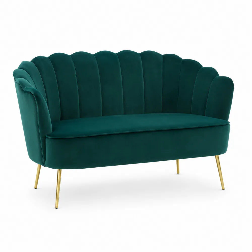 Divano a 2 posti in velluto poliestere colore verde con struttura in legno e gambe in metallo dorato seduta imbottita design moderno