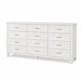 Cassettiera 12 cassetti in MDF finitura bianco con maniglie in metallo dorato e gambe in legno stile moderno 140 x 40 x 80 cm