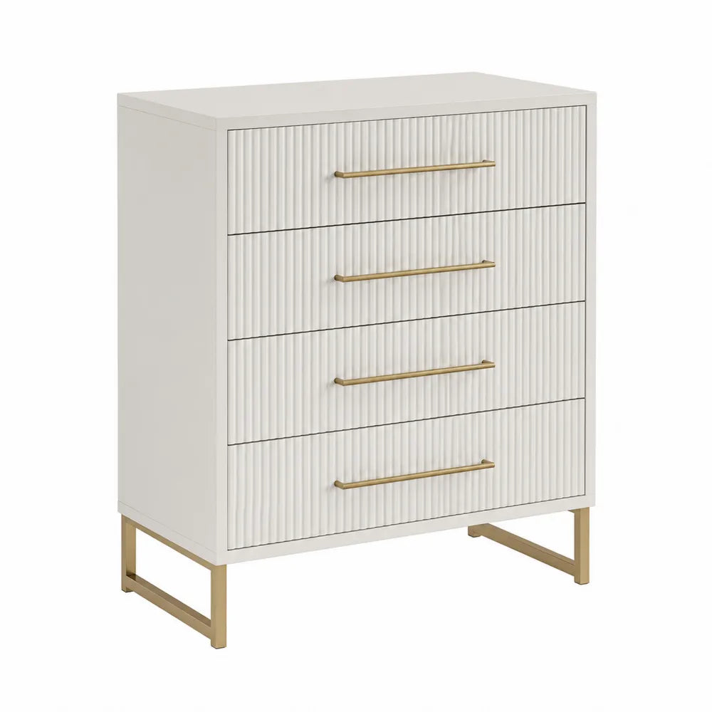 Cassettiera rettangolare 80 x 40 x 100 cm in MDF avorio con 4 cassetti scanalati maniglie dorate e base in acciaio