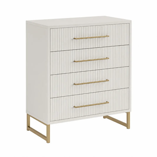 Cassettiera rettangolare 80 x 40 x 100 cm in MDF avorio con 4 cassetti scanalati maniglie dorate e base in acciaio