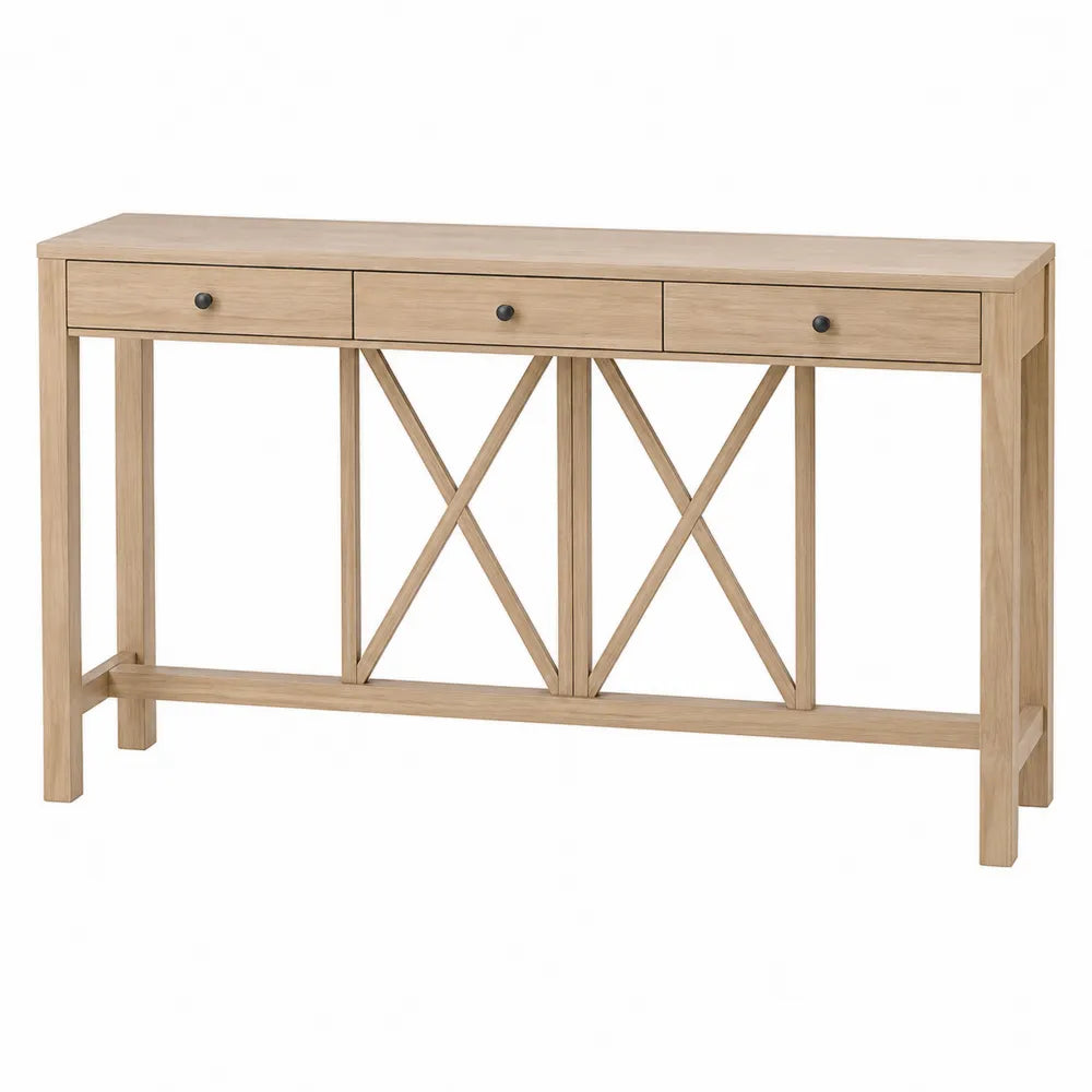 Tavolo consolle rettangolare 120 cm x 35 cm x 80 cm in MDF impiallacciato rovere e legno massello di hevea con 3 cassetti e rinforzi a X
