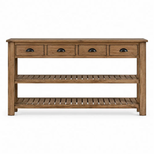 Consolle tavolo 140 cm x 35 cm x 80 cm in legno massello colore naturale con 4 cassetti e 2 ripiani a doghe con maniglie nere