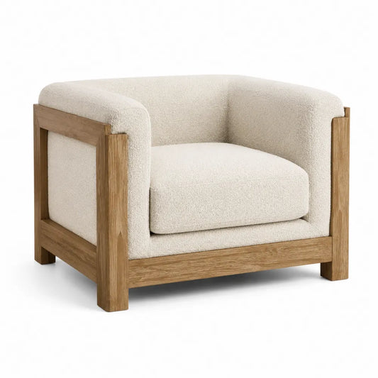 Poltrona imbottita con braccioli in tessuto bouclé beige chiaro e telaio in legno effetto rovere naturale 80 x 78 x 75 cm