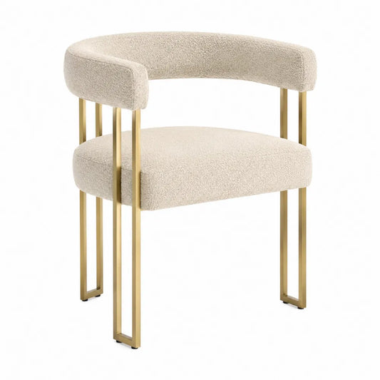 Sedia da pranzo imbottita 55 x 58 x 85 cm in tessuto bouclé beige con struttura in acciaio verniciato oro e schienale curvo