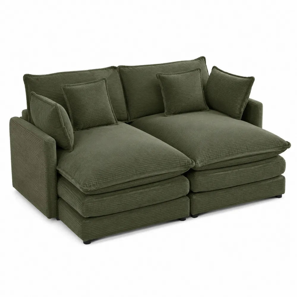 Divano modulare a 2 posti in velluto a coste poliestere verde oliva con cuscini rimovibili e piedini neri 200 x 100 x 85 cm