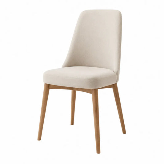 Sedia da pranzo imbottita 52 x 58 x 85 cm in tessuto poliestere beige con schienale alto e gambe in legno naturale