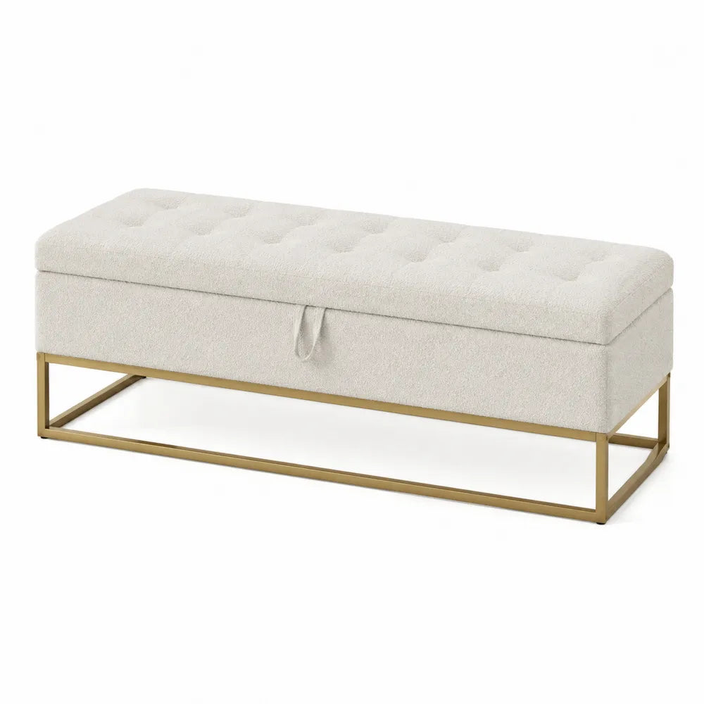 Panca contenitore imbottita rettangolare in tessuto bouclé poliestere beige chiaro con telaio in acciaio oro 120 x 40 x 45 cm