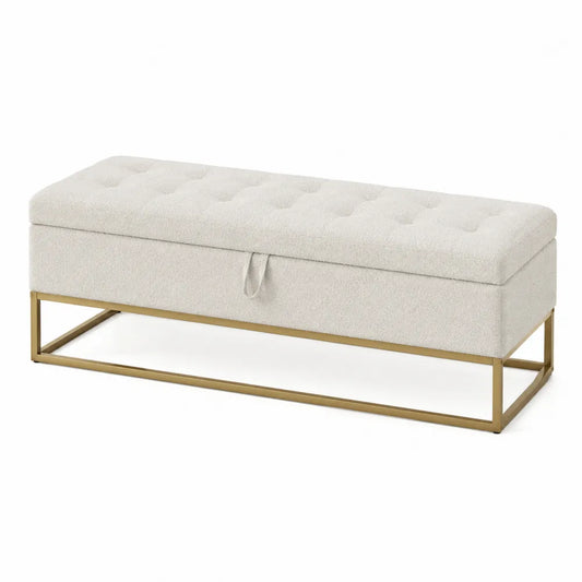 Panca contenitore imbottita rettangolare in tessuto bouclé poliestere beige chiaro con telaio in acciaio oro 120 x 40 x 45 cm